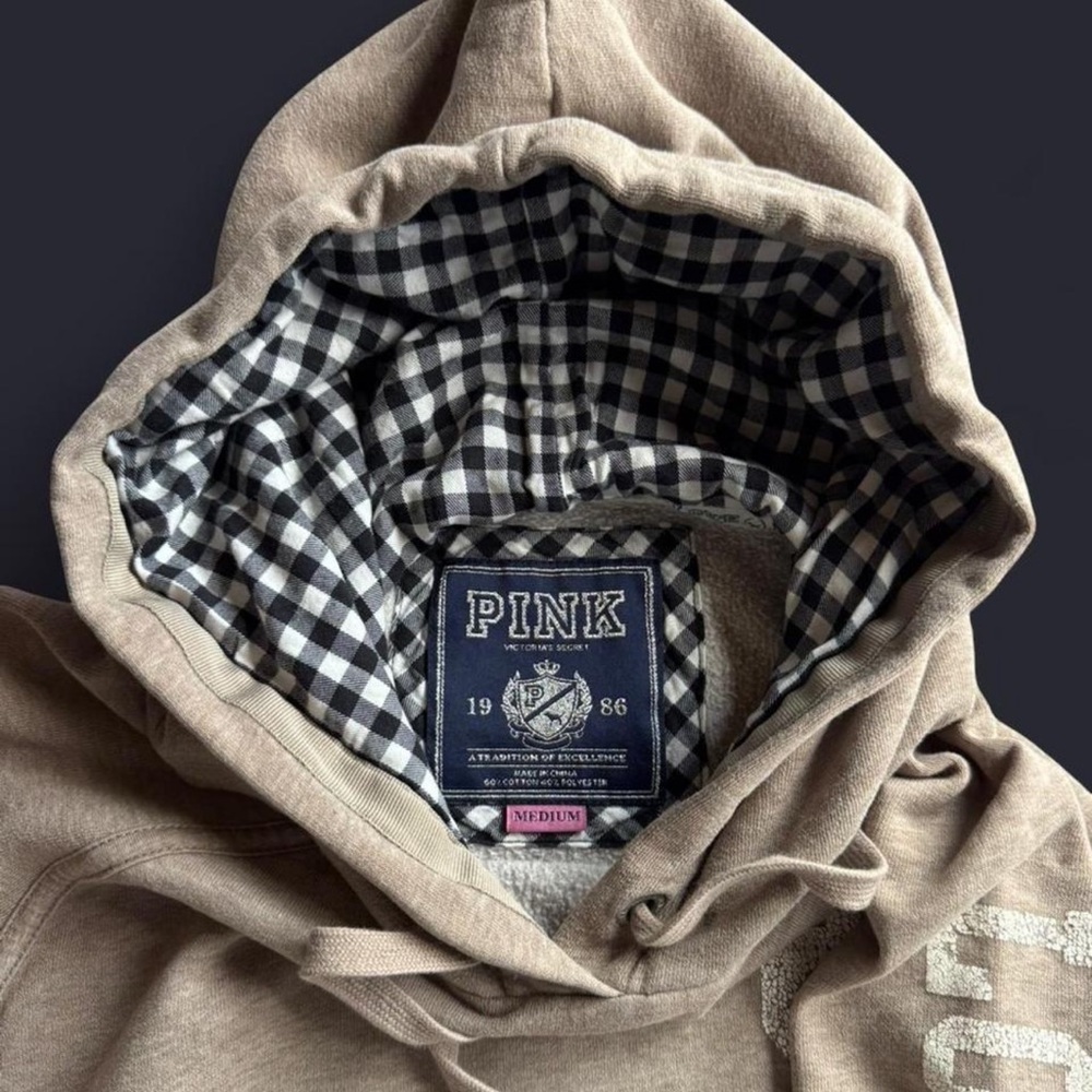 PINK Victoria's Secret Beige Hoodie with Checkered Lining - Picture 4 of 6